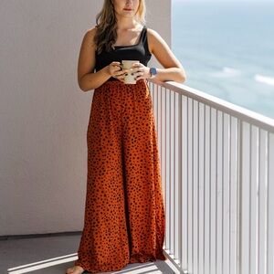 SHEIN Wide Leg Jumpsuit L Black Top Orange Polka Dot Flowy Casual Summer